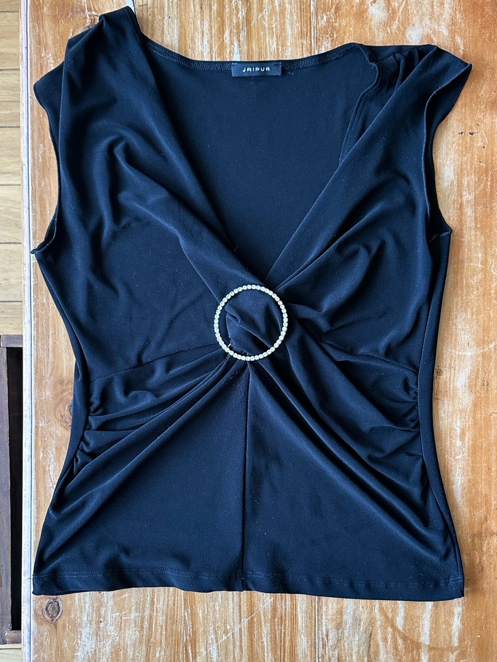 Black Cap-Sleeve Top with Front Ring Detail